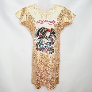 Ed Hardy Gold Metallic Lame Leopard Cheetah Short Sleeve Rhinestone  Mini Dress